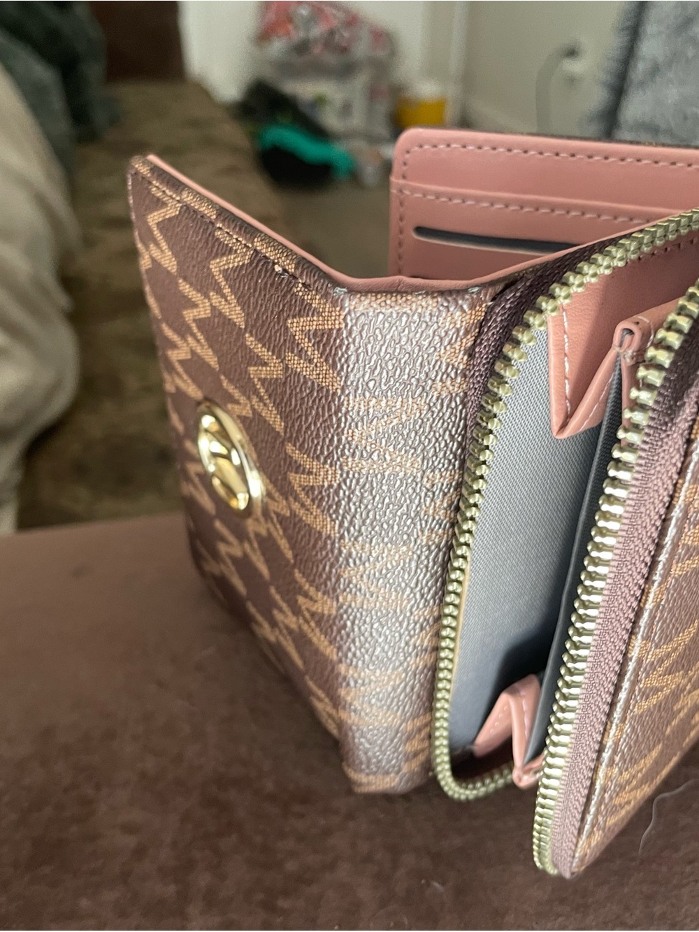 Compact Brown & Pink Patterned Women's Wallet